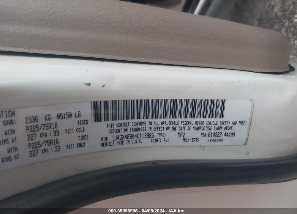 2004 CHEROKEE JEEP GRAND  LAREDO VIN: 1J4GX48S04C113985