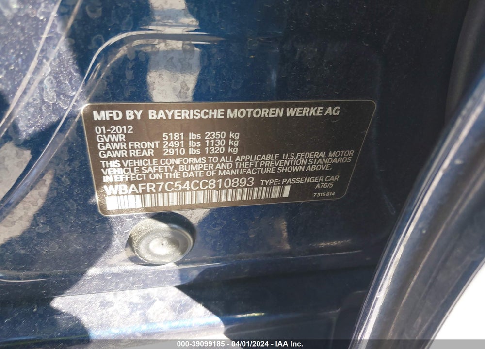 2012 BMW 535I VIN: WBAFR7C54CC810893