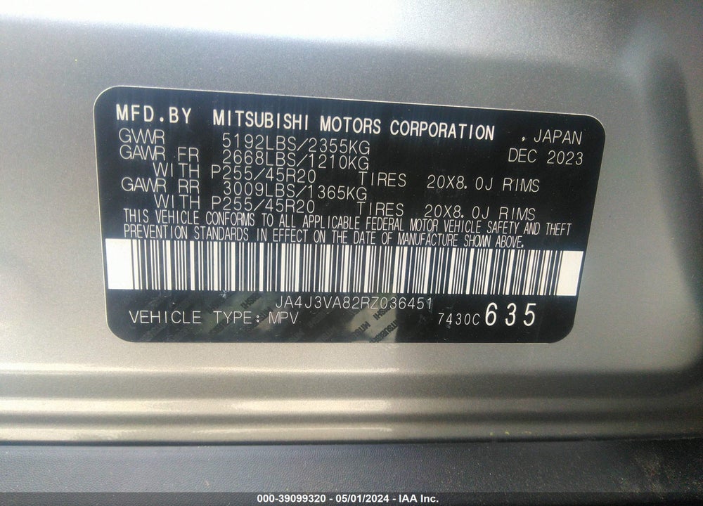 2024 MITSUBISHI OUTLANDER SE 2.5 2WD/SE BLACK EDITION S-AWC/SE BLACK EDITION W/PANO ROOF VIN: JA4J3VA82RZ036451
