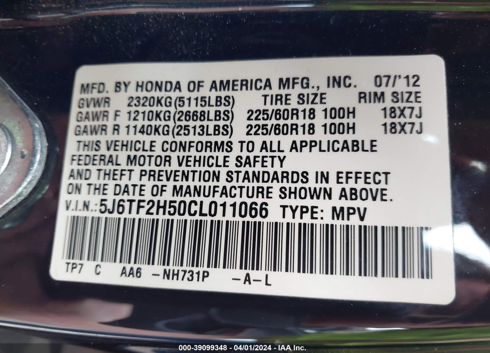 2012 HONDA CROSSTOUR EX-L VIN: 5J6TF2H50CL011066