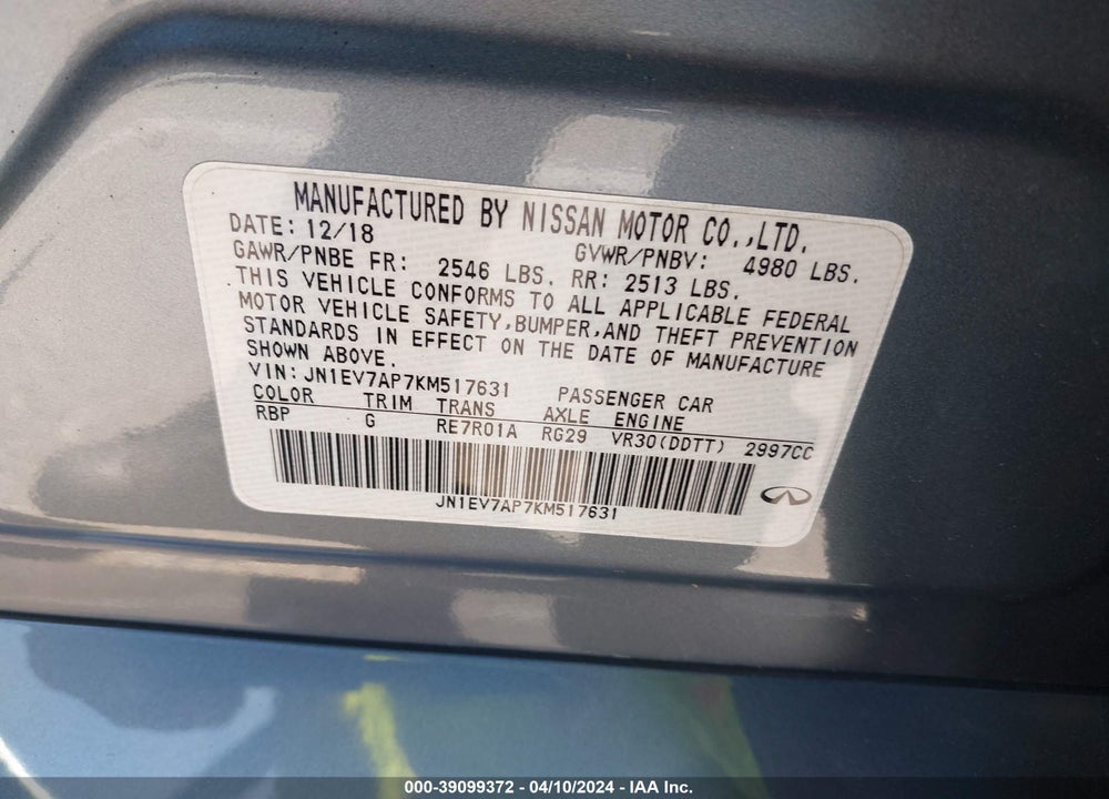 2019 INFINITI Q50 3.0T LUXE VIN: JN1EV7AP7KM517631