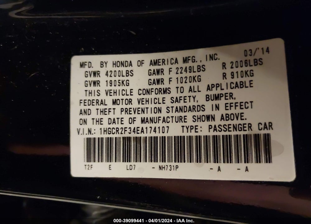 2014 HONDA ACCORD LX VIN: 1HGCR2F34EA174107