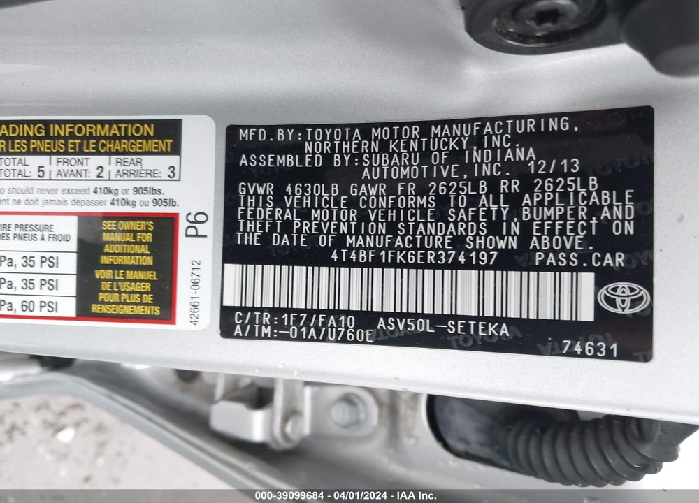 2014 TOYOTA CAMRY L VIN: 4T4BF1FK6ER374197