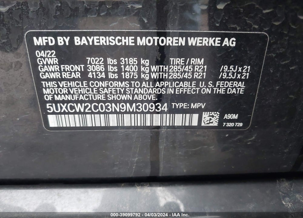 2022 BMW X7 XDRIVE40I VIN: 5UXCW2C03N9M30934
