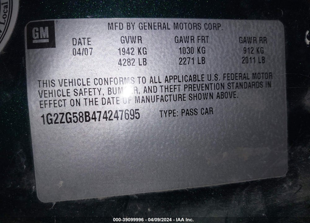 2007 PONTIAC G6 VIN: 1G2ZG58B474247695