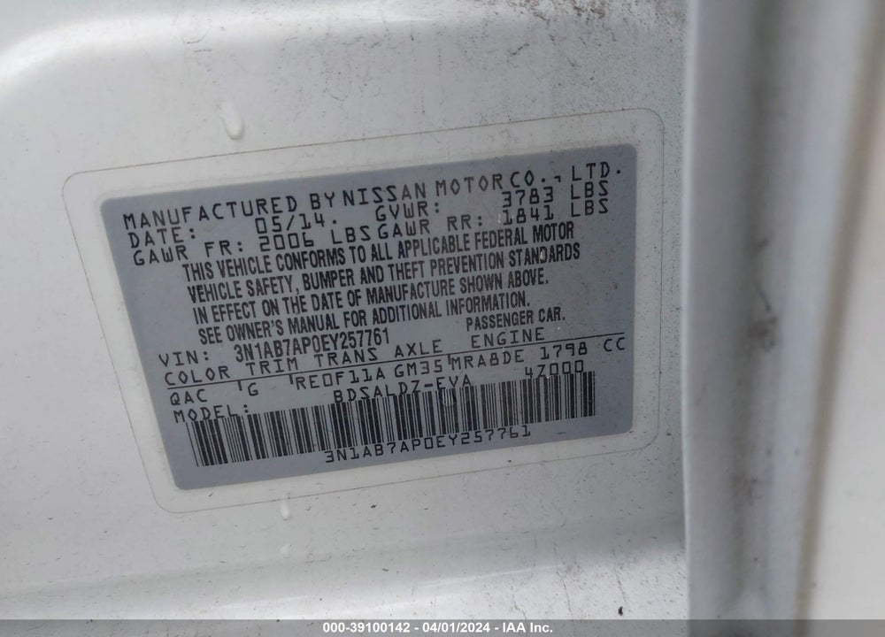 2014 NISSAN SENTRA FE+ S/FE+ SV/S/SL/SR/SV VIN: 3N1AB7AP0EY257761