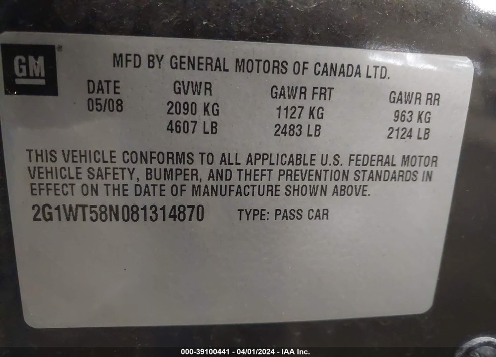 2008 CHEVROLET IMPALA LT VIN: 2G1WT58N081314870