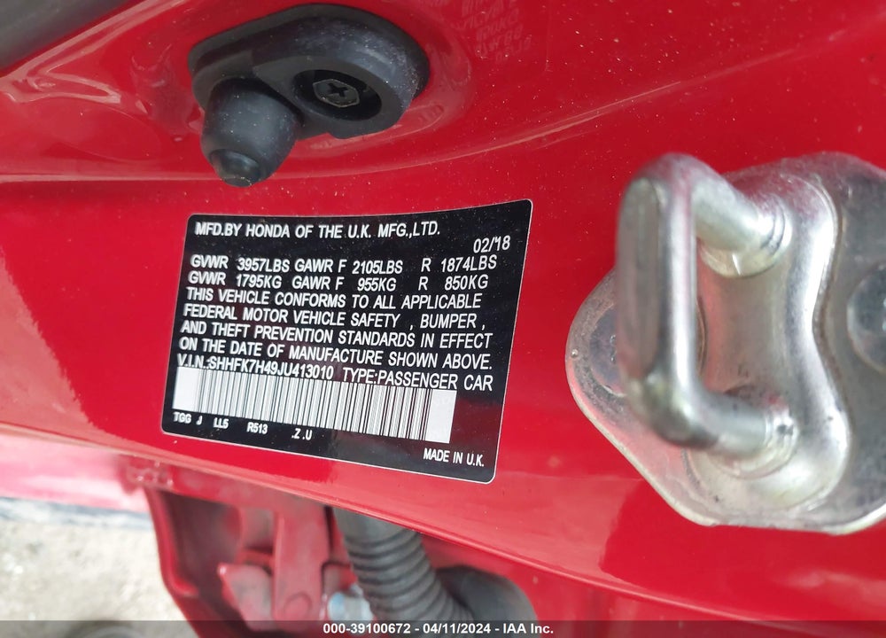 2018 HONDA CIVIC SPORT VIN: SHHFK7H49JU413010