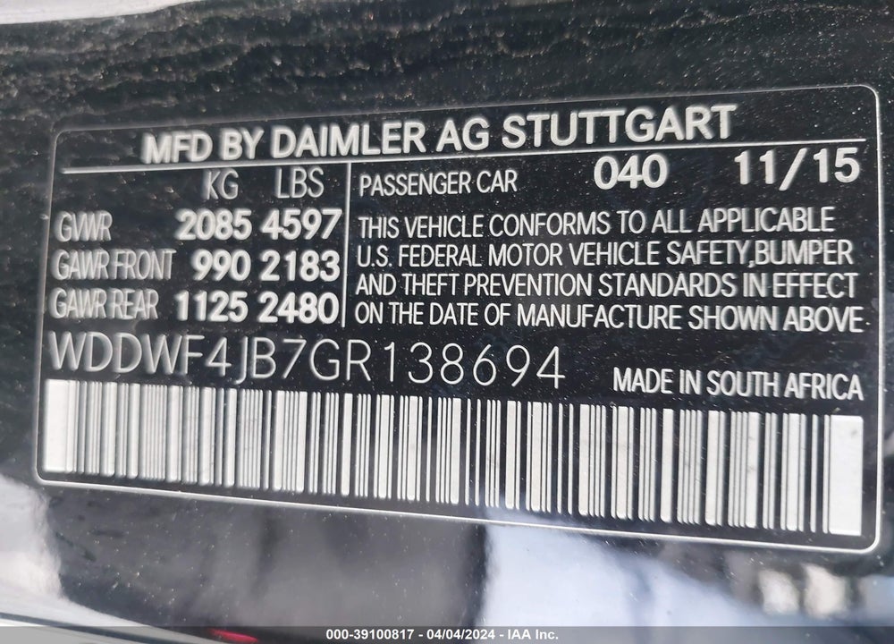 2016 MERCEDES-BENZ C 300 LUXURY/SPORT VIN: WDDWF4JB7GR138694