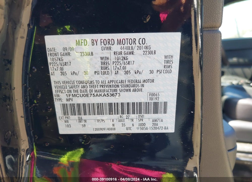 2010 FORD ESCAPE LIMITED VIN: 1FMCU0E75AKA53673