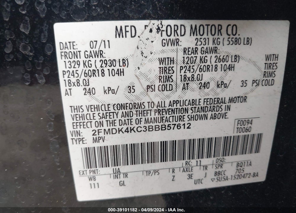 2011 FORD EDGE LIMITED VIN: 2FMDK4KC3BBB57612