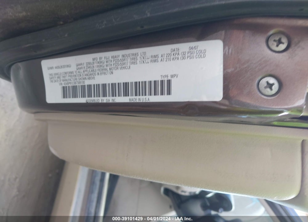 2008 SUBARU OUTBACK 2.5I/2.5I L.L. BEAN EDITION VIN: 4S4BP61C087306100