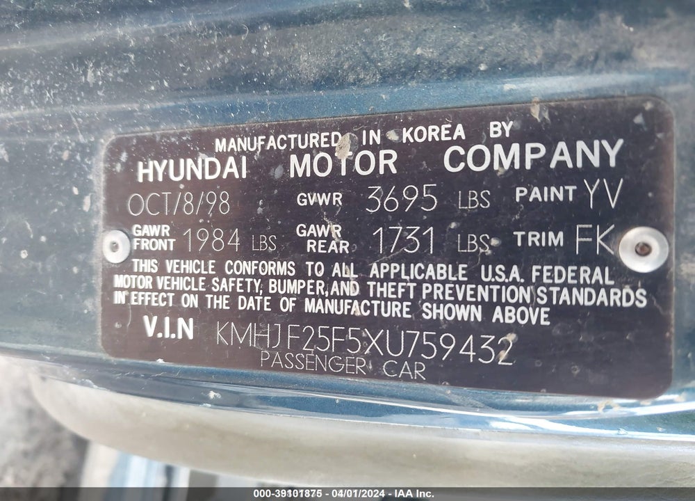 1999 HYUNDAI ELANTRA GL VIN: KMHJF25F5XU759432
