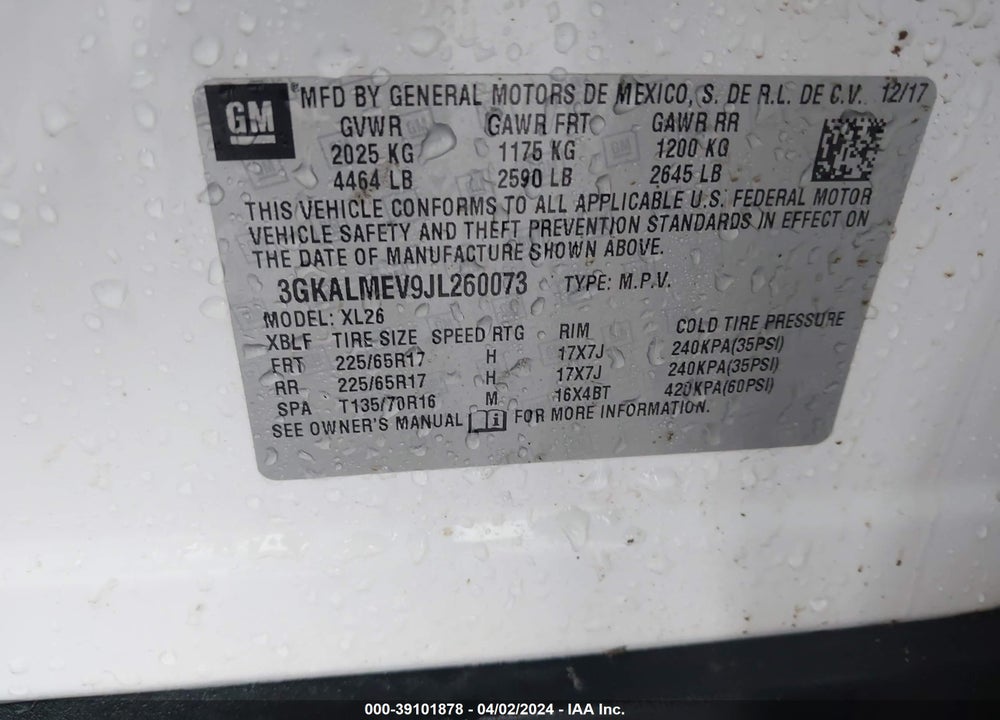2018 GMC TERRAIN SLE VIN: 3GKALMEV9JL260073