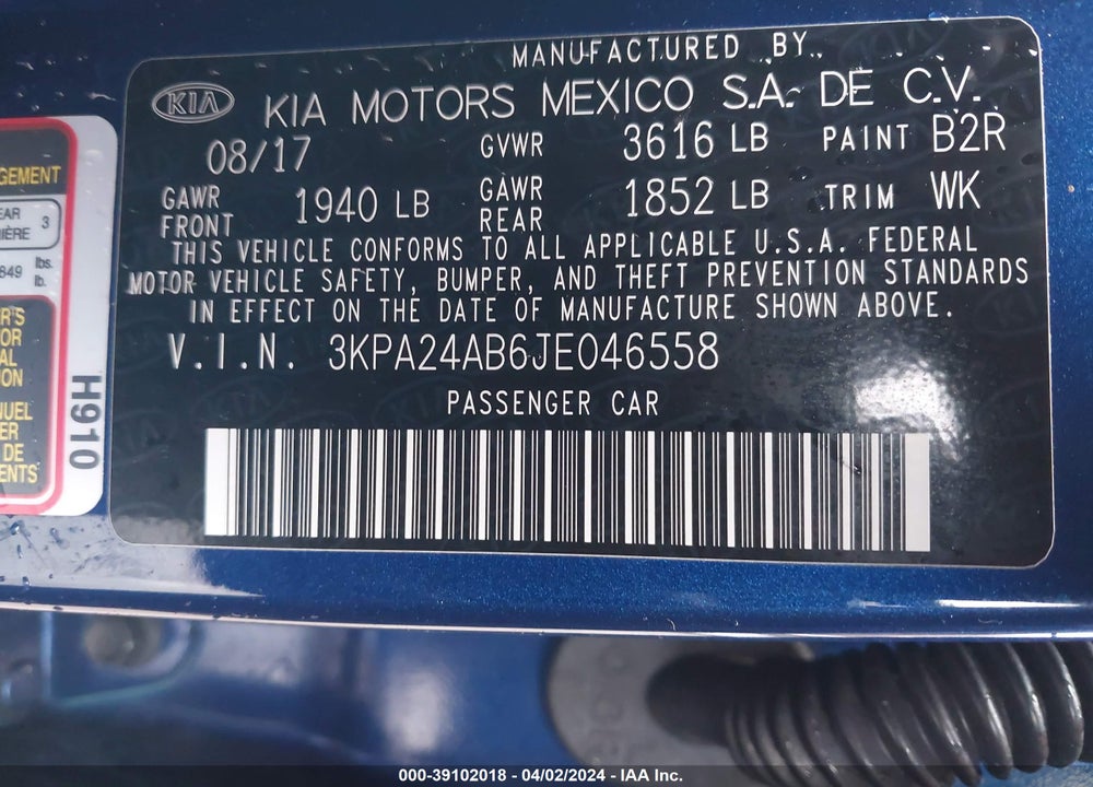 2018 KIA RIO S VIN: 3KPA24AB6JE046558