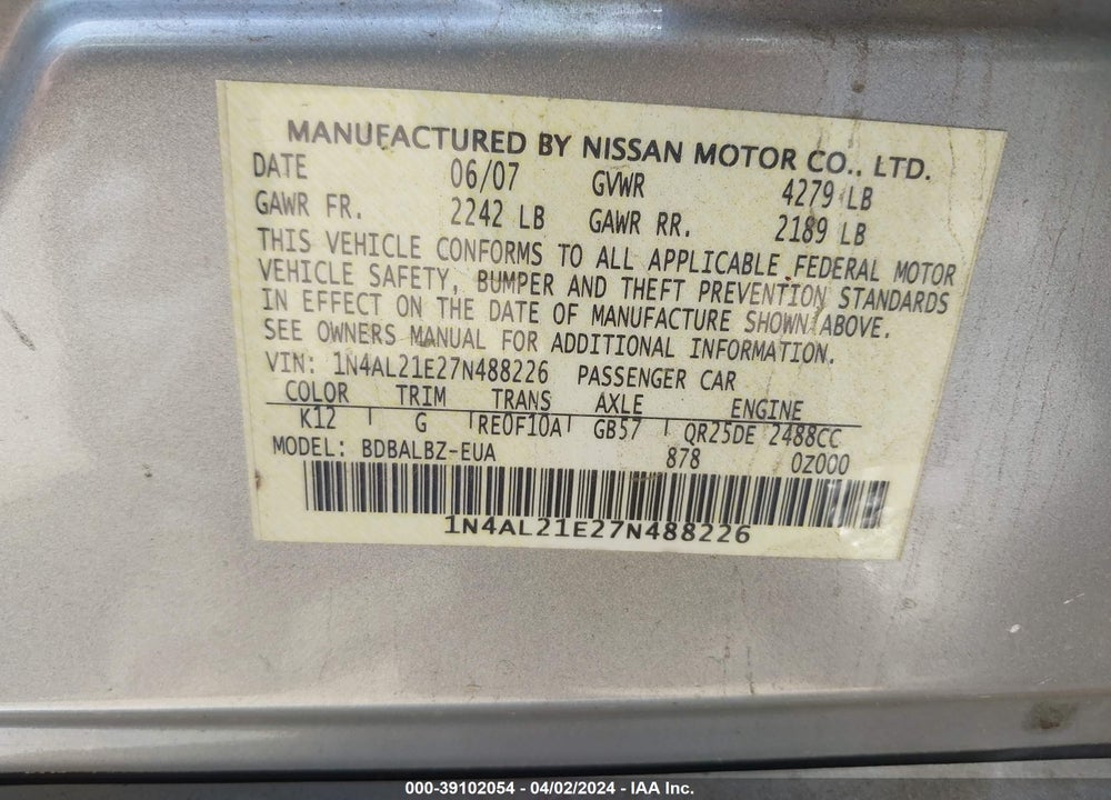 2007 NISSAN ALTIMA 2.5 S VIN: 1N4AL21E27N488226