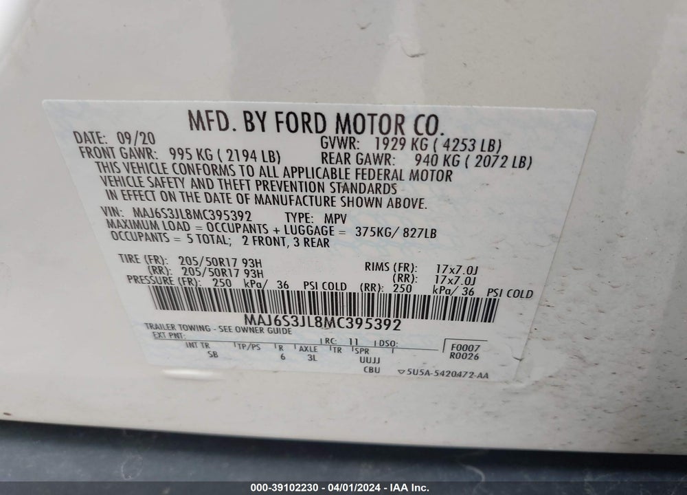 2021 FORD ECOSPORT SES VIN: MAJ6S3JL8MC395392