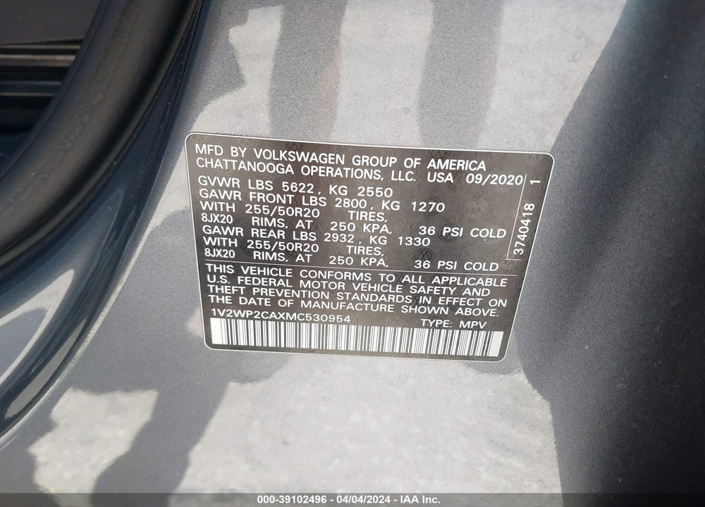 2021 VOLKSWAGEN ATLAS 2.0T SE W/TECHNOLOGY VIN: 1V2WP2CAXMC530954