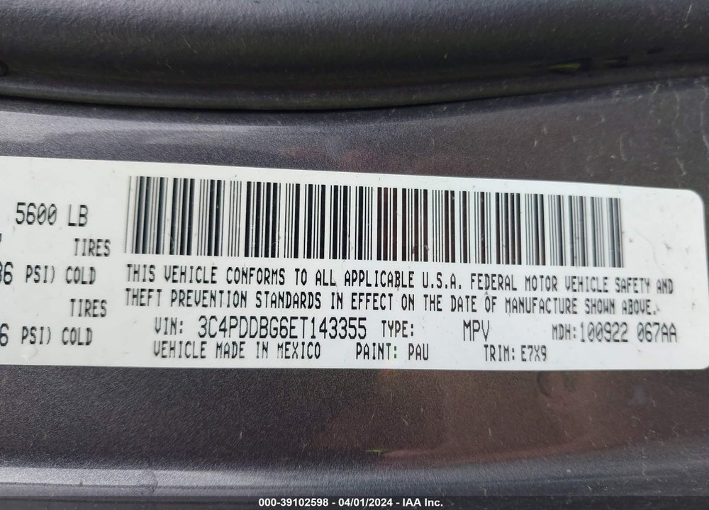 2014 DODGE JOURNEY SXT VIN: 3C4PDDBG6ET143355