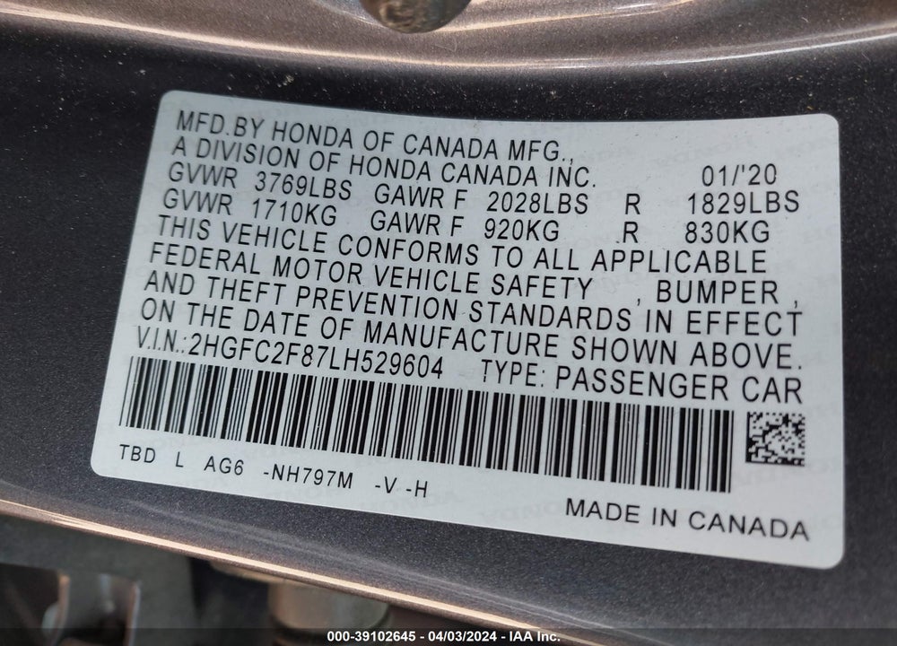2020 HONDA CIVIC SPORT VIN: 2HGFC2F87LH529604