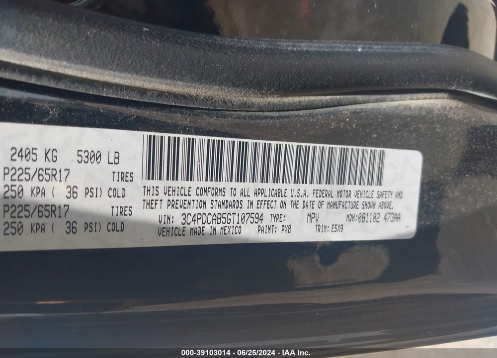 2016 DODGE JOURNEY SE VIN: 3C4PDCAB5GT107594