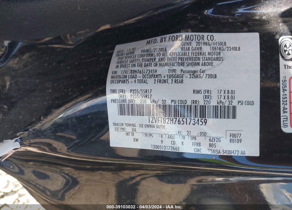 2006 FORD MUSTANG GT VIN: 1ZVFT82H765173459