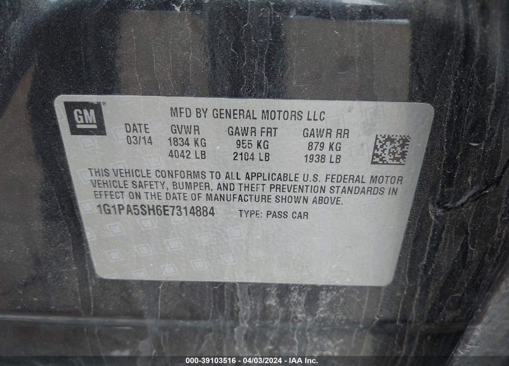 2014 CHEVROLET CRUZE LS AUTO VIN: 1G1PA5SH6E7314884