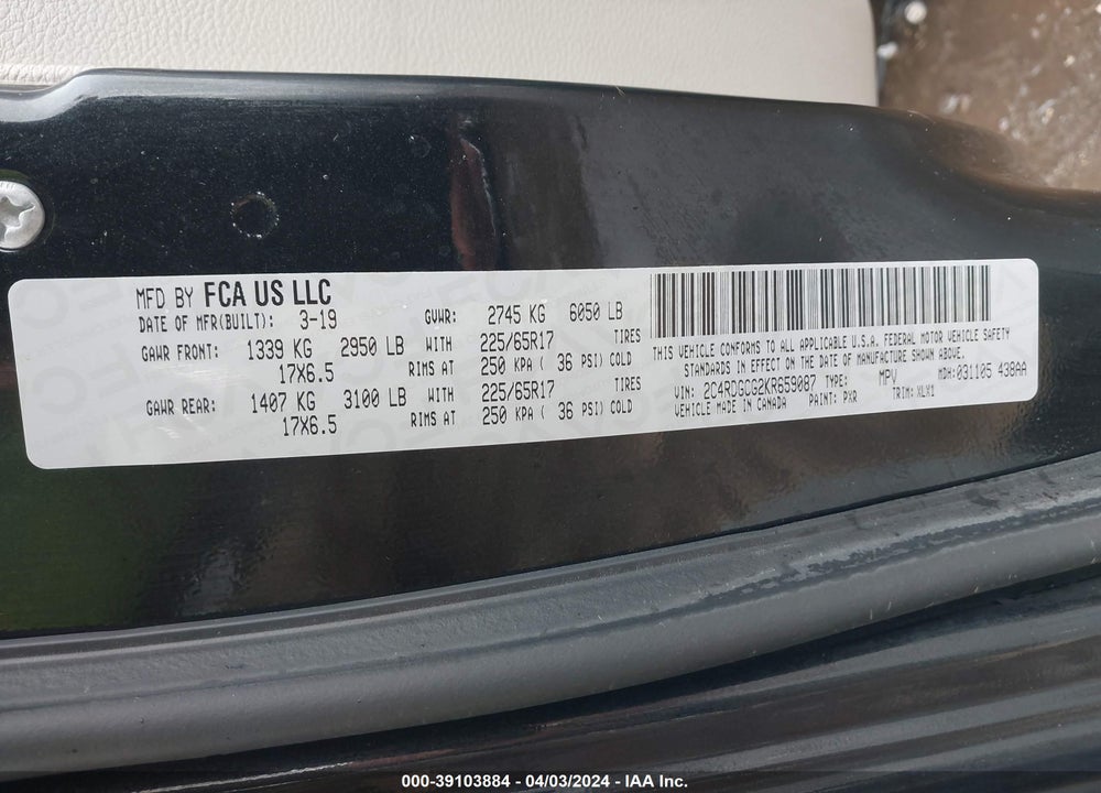 2019 DODGE GRAND CARAVAN SXT VIN: 2C4RDGCG2KR659087