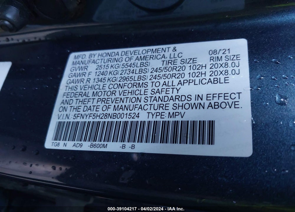 2022 HONDA PILOT 2WD SPECIAL EDITION VIN: 5FNYF5H28NB001524