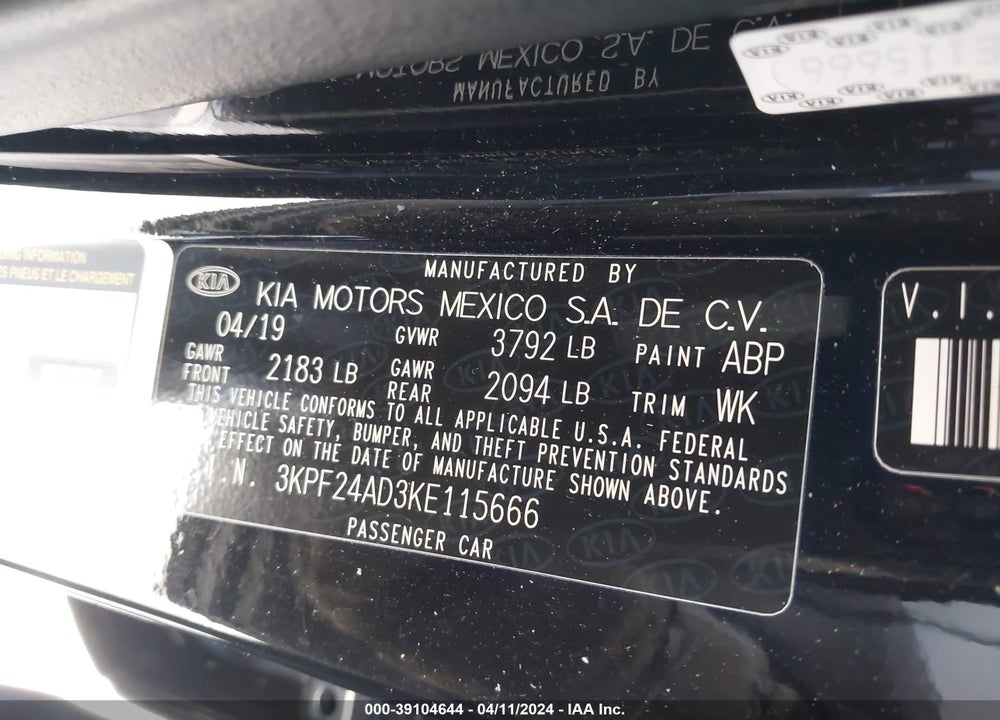 2019 KIA FORTE LXS VIN: 3KPF24AD3KE115666