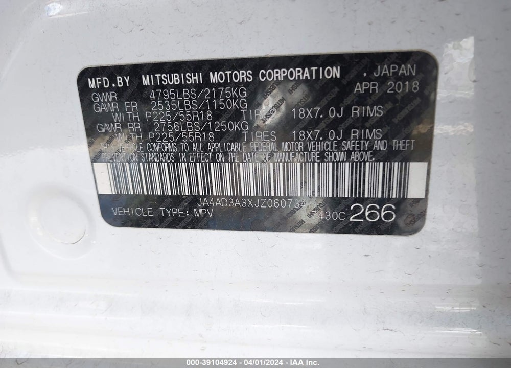 2018 MITSUBISHI OUTLANDER LE VIN: JA4AD3A3XJZ060734