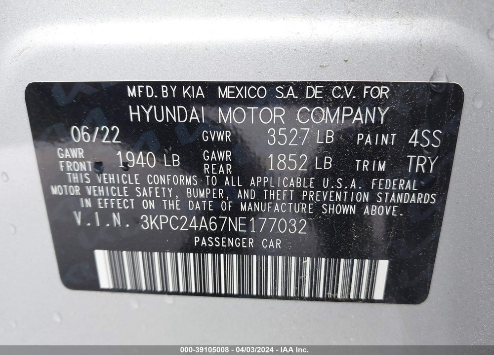 2022 HYUNDAI ACCENT SE VIN: 3KPC24A67NE177032