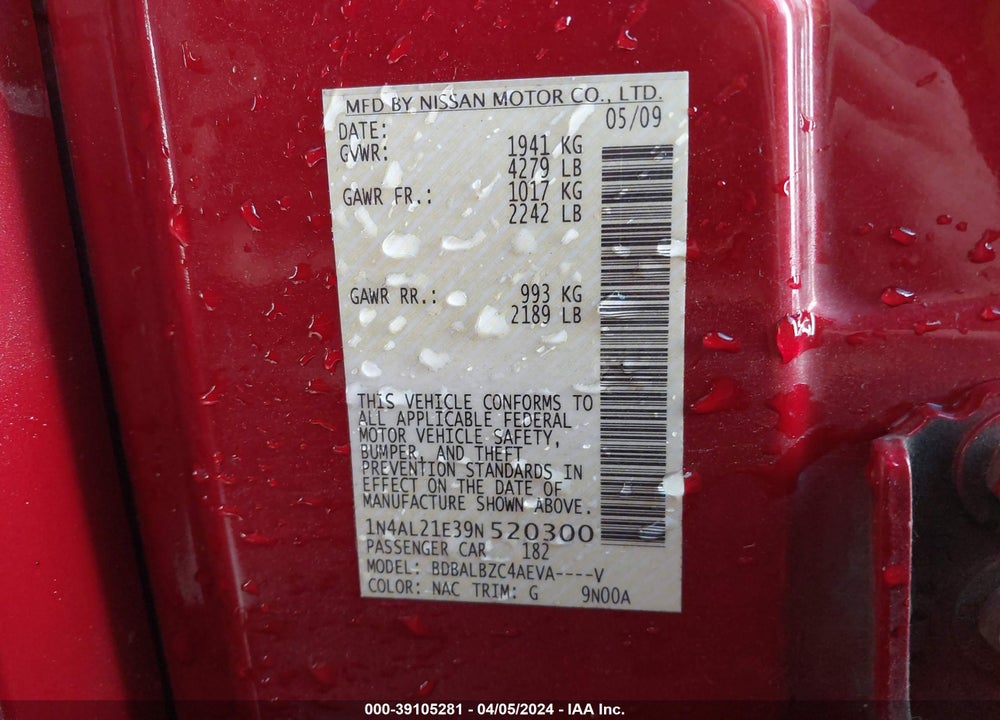 2009 NISSAN ALTIMA 2.5 S VIN: 1N4AL21E39N520300