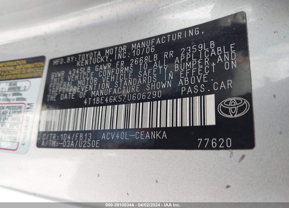 2007 TOYOTA CAMRY LE VIN: 4T1BE46K57U606290