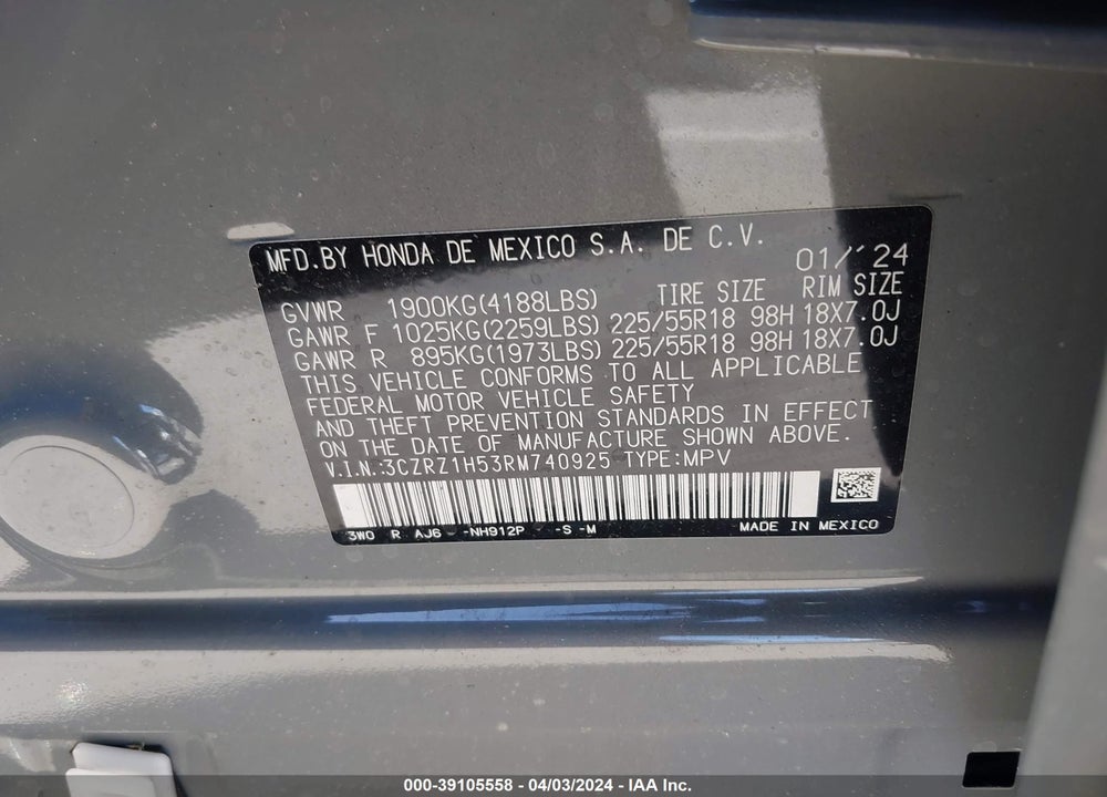 2024 HONDA HR-V VIN: 3CZRZ1H53RM740925