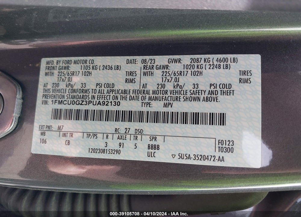 2023 FORD ESCAPE ACTIVE VIN: 1FMCU0GZ3PUA92130