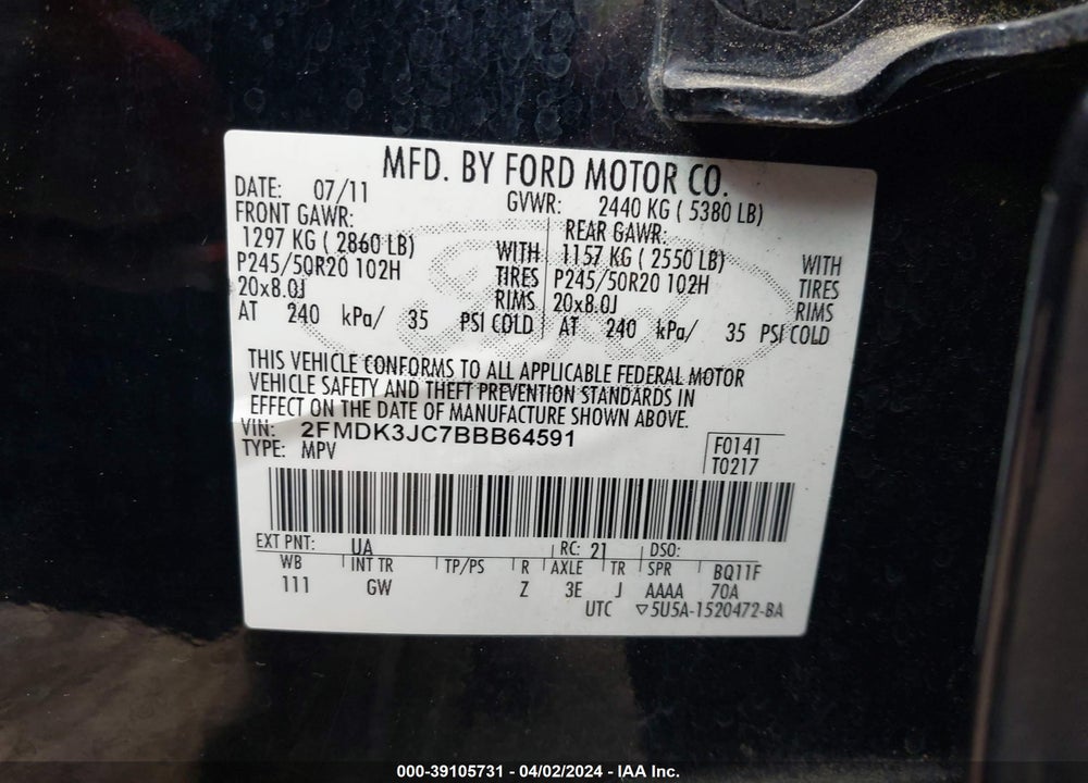 2011 FORD EDGE SEL VIN: 2FMDK3JC7BBB64591