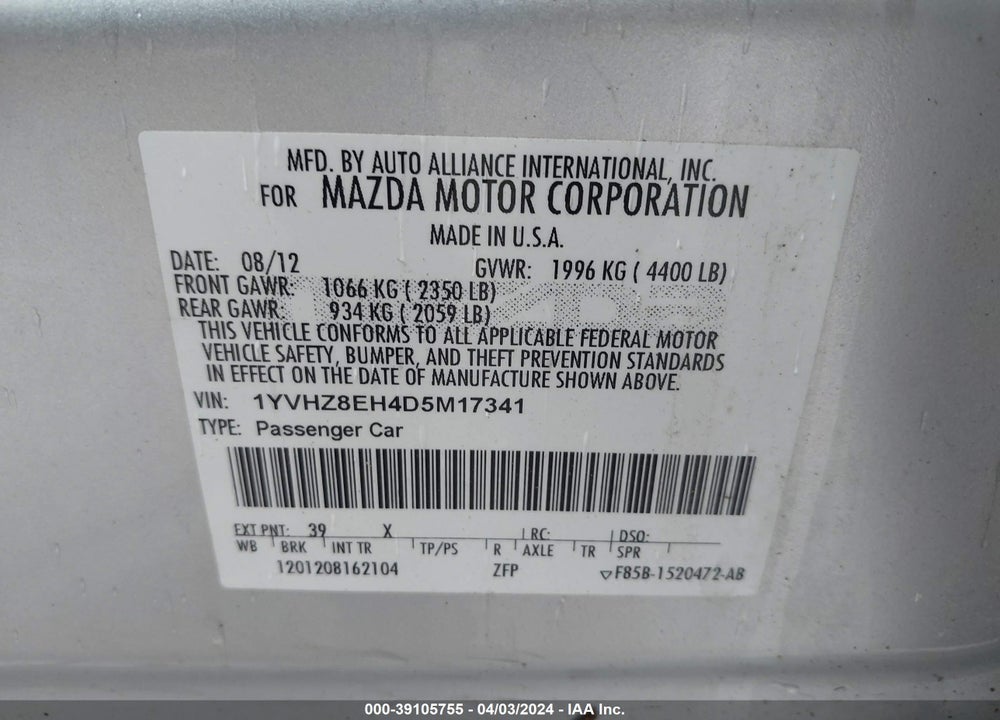 2013 MAZDA 6 I TOURING PLUS VIN: 1YVHZ8EH4D5M17341