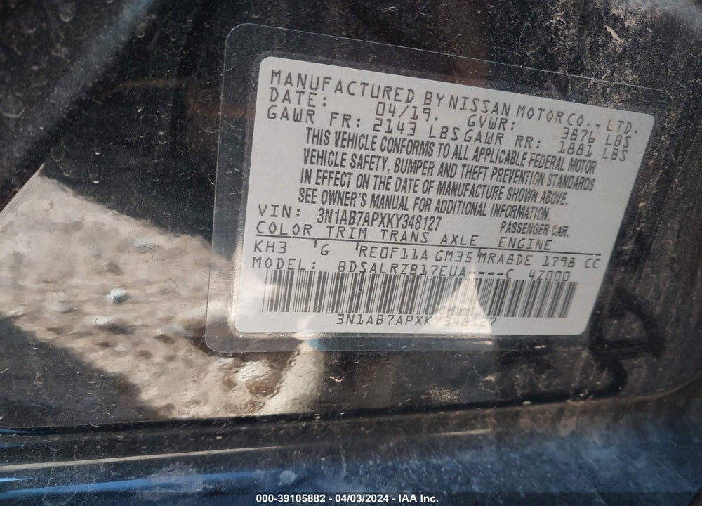 2019 NISSAN SENTRA SR VIN: 3N1AB7APXKY348127