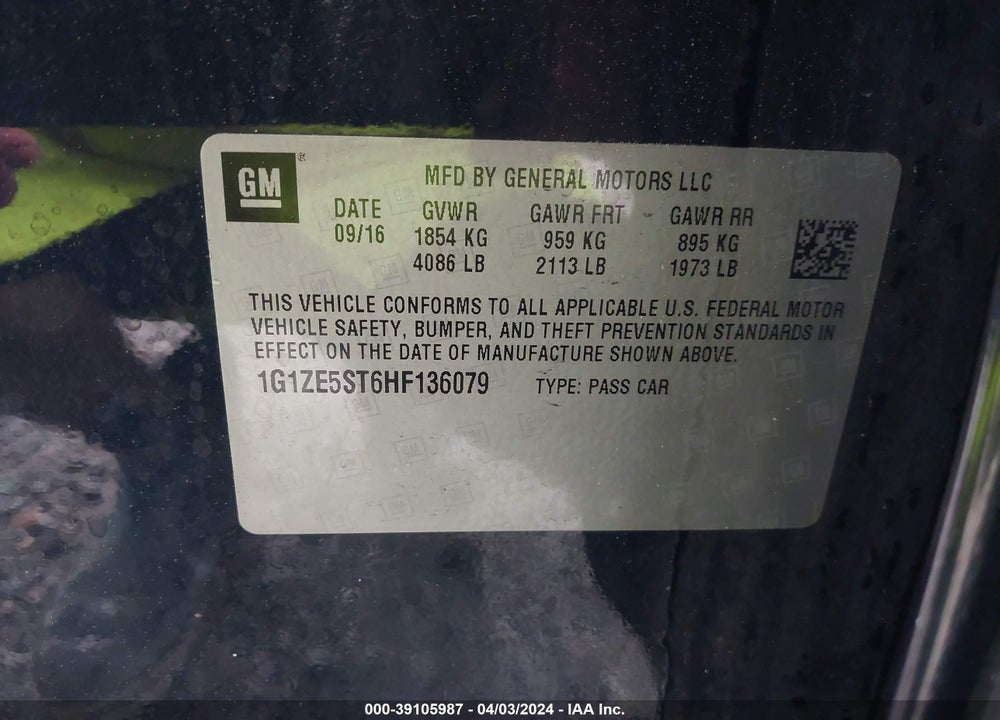 2017 CHEVROLET MALIBU 1LT VIN: 1G1ZE5ST6HF136079