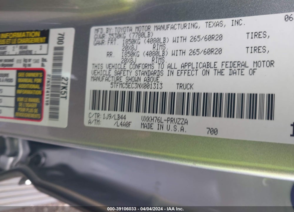 2022 TOYOTA TUNDRA HYBRID 1794 EDITION VIN: 5TFMC5EC3NX001313