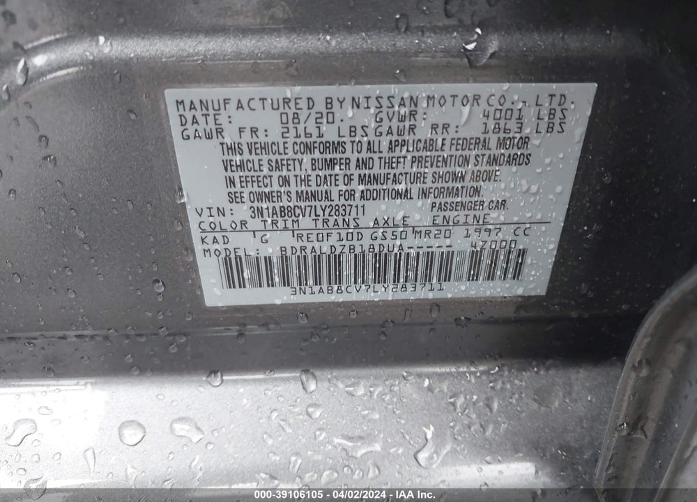 2020 NISSAN SENTRA SV XTRONIC CVT VIN: 3N1AB8CV7LY283711