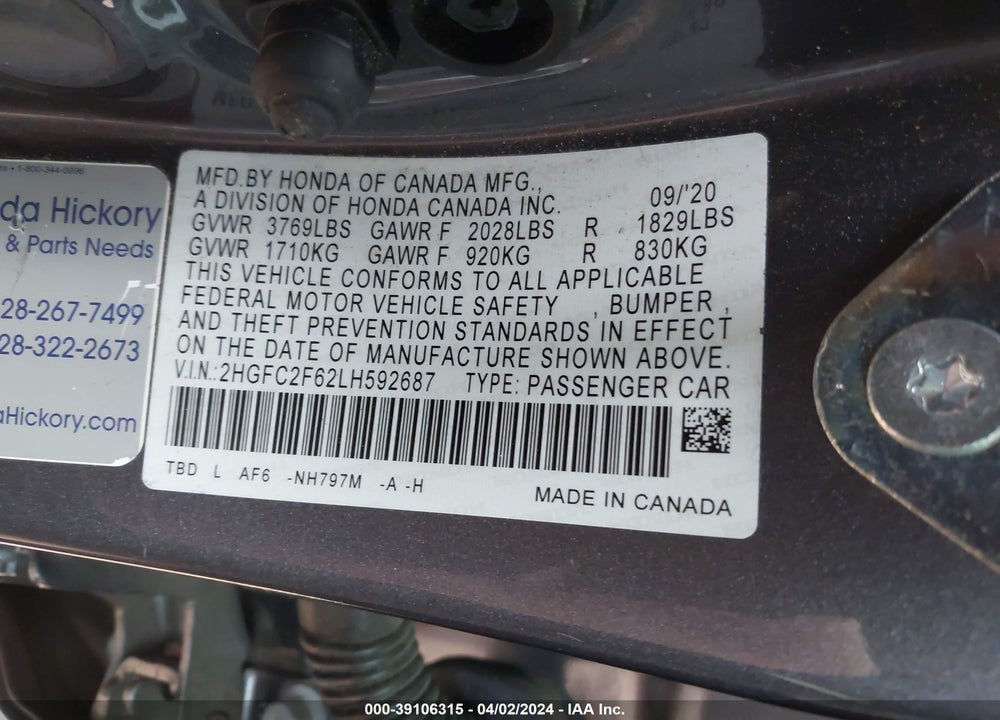 2020 HONDA CIVIC LX VIN: 2HGFC2F62LH592687