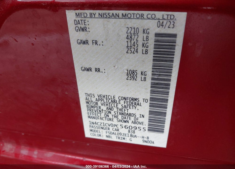 2023 NISSAN LEAF SV PLUS 60 KWH VIN: 1N4CZ1CV0PC560955