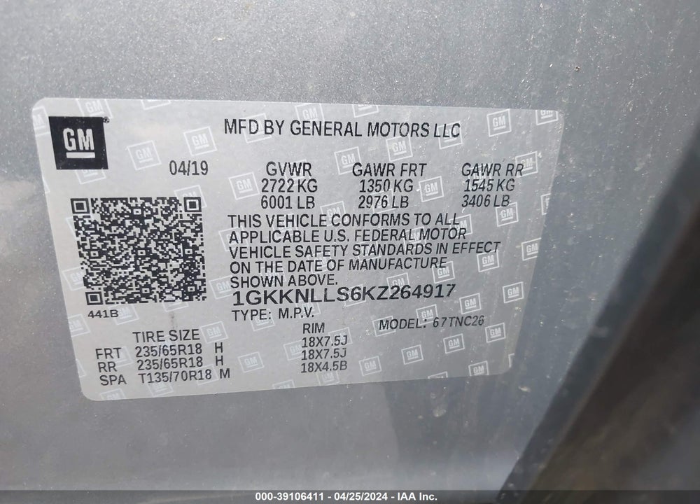 2019 GMC ACADIA SLE-2 VIN: 1GKKNLLS6KZ264917