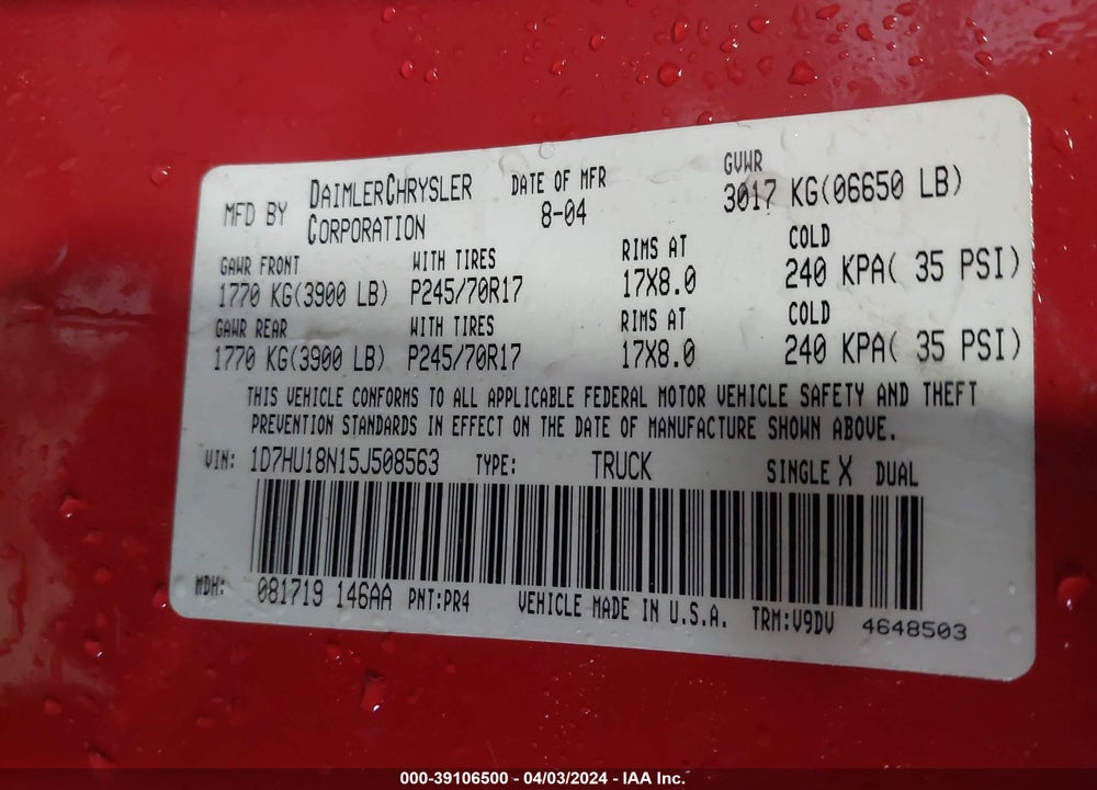 2005 DODGE RAM 1500 VIN: 1D7HU18N15J508563