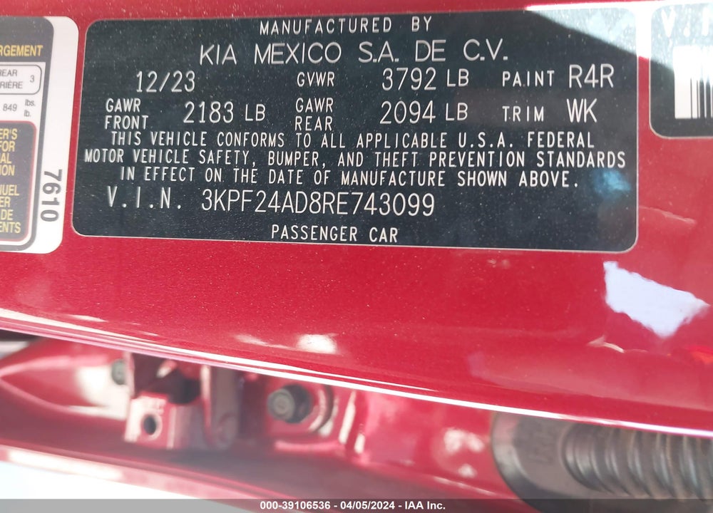 2024 KIA FORTE LXS VIN: 3KPF24AD8RE743099