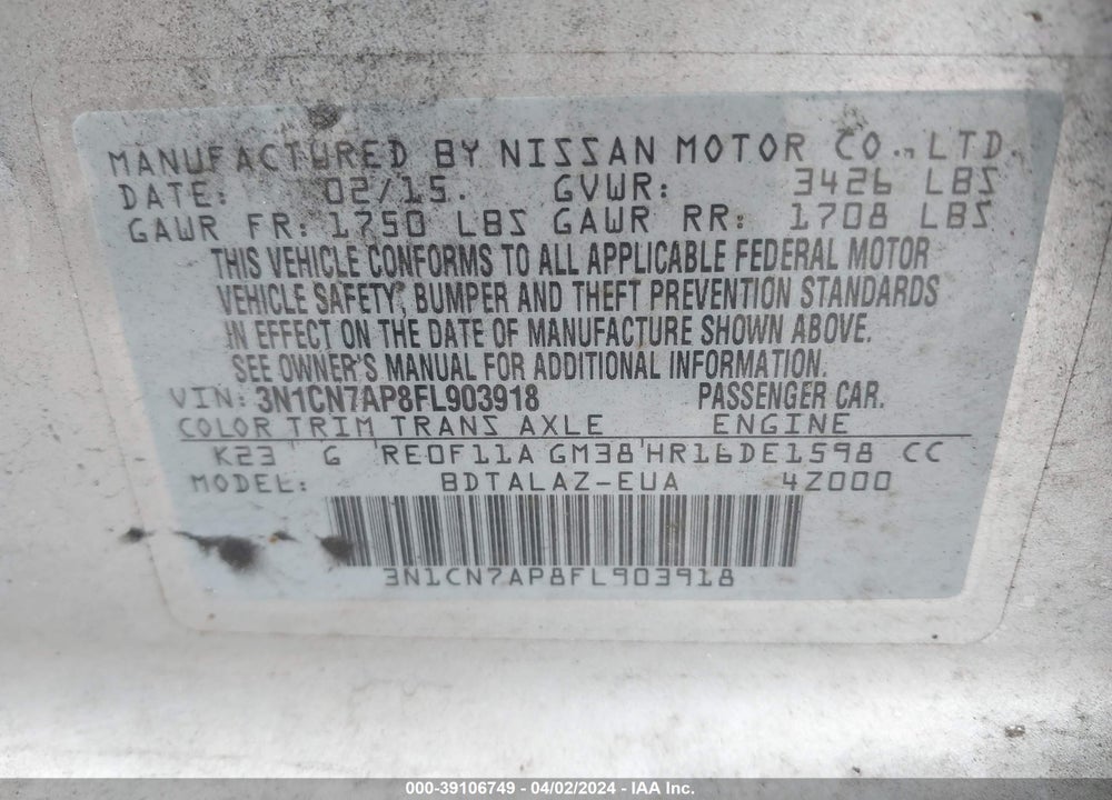 2015 NISSAN VERSA 1.6 S+ VIN: 3N1CN7AP8FL903918