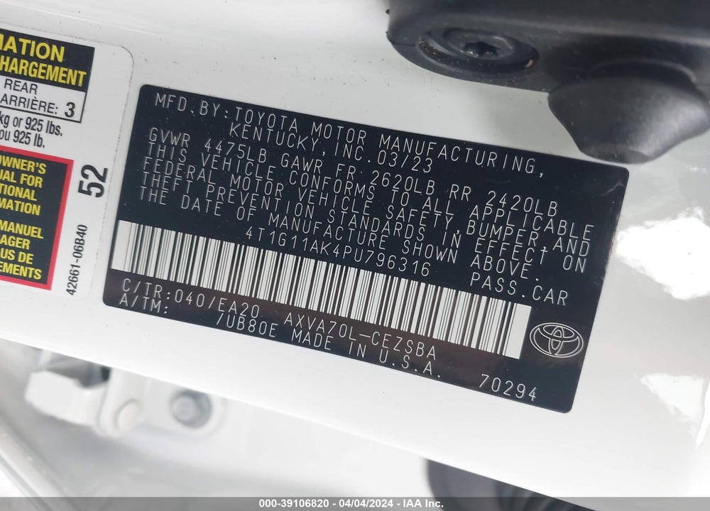 2023 TOYOTA CAMRY SE VIN: 4T1G11AK4PU796316