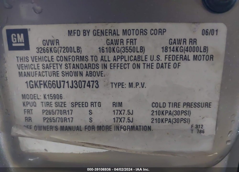 2001 GMC YUKON XL 1500 DENALI VIN: 1GKFK66U71J307473